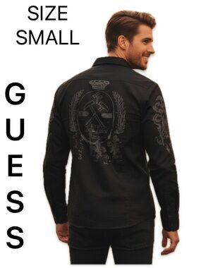 GUESS Black Cotton Snap Button Down Shirt Embroidered Stitch Graphics Small